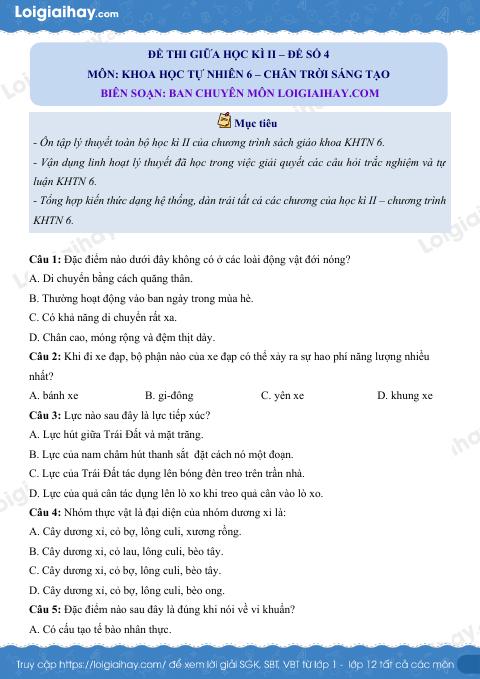 Đề thi giữa kì 2 KHTN 6 Chân trời sáng tạo - Đề số 4